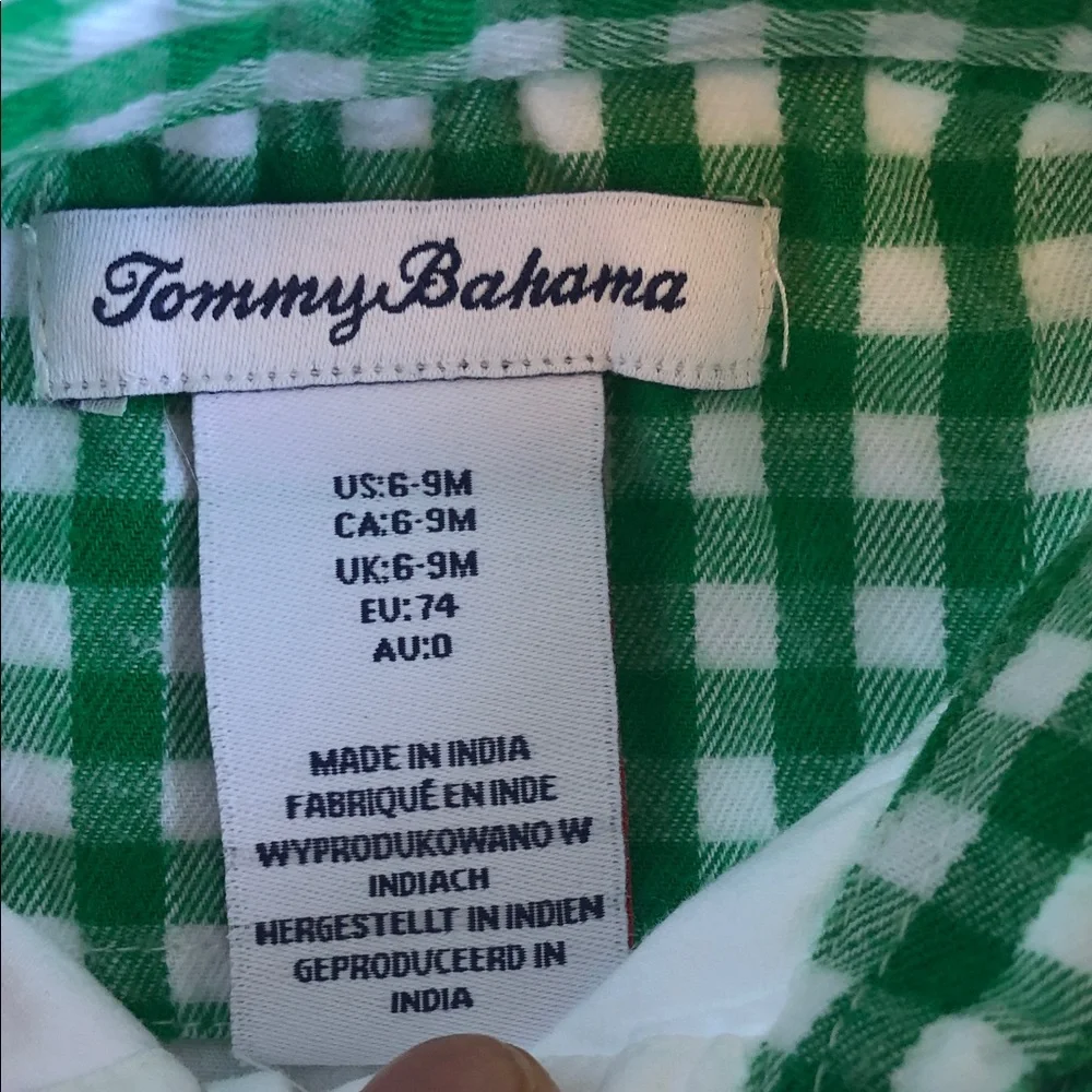 Tommy Bahama White Onesie with Green Gingham Trim